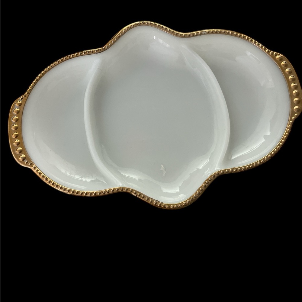 Anchor Hocking Fire King  1950’s White and 22kGold trim  Divided Dish
